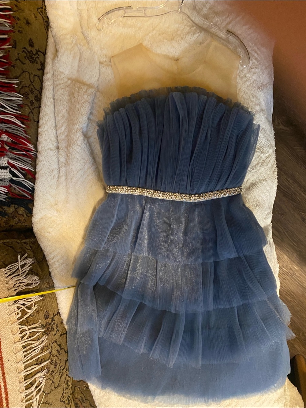 Endless Rose Dusty Blue Dress with Champagne Tulle illusion shoulder